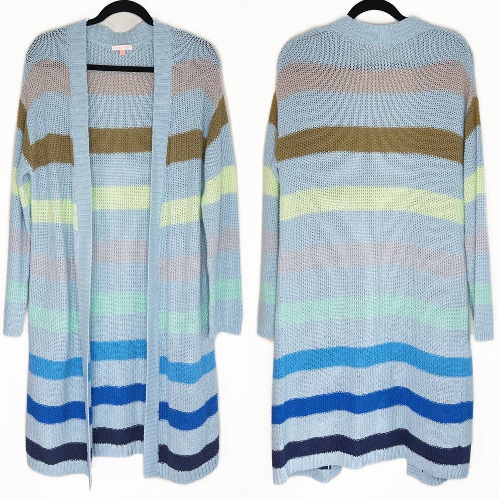 Lisa Todd Sand Sweeper Aqua Combo Striped Knit Long Open Cardigan Duster Sweater - Picture 2 of 11